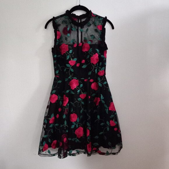 City Studio High Neck Sheer Embroidered Floral Vine Tulle Mini Dress - Picture 2 of 7